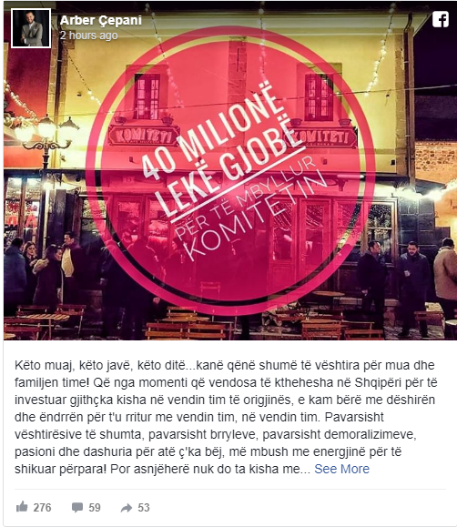 Ish-fituesi i Big Brother, Arbër Çepani denoncon: 40 milionë lekë gjobë për një bar-kafe arber