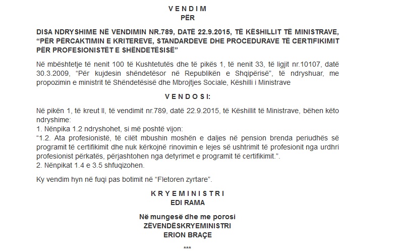 Profesionet e shëndetësisë, ndryshojnë rregullat në fund të periudhës së certifikimit 1 vkm shendetesia