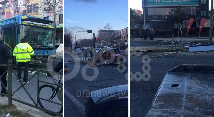 Video/ Një autobus përplaset me makinën në Tiranë, 3 vajza të plagosura perplaset