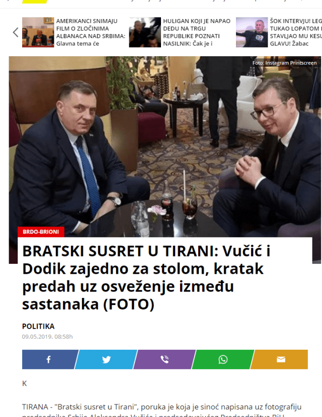 Dy ‘armiqtë’ e Kosovës, kafe në Tiranë/ Mediat serbe në ekstazë: Takim vëllezërish 1 media serbe per vucic