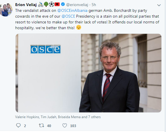 “Borchardt të kesh turp!”, reagon Veliaj: Njollë në të gjitha partitë politike që përdorin dhunën për të kompensuar mungesën e votave veliaj status