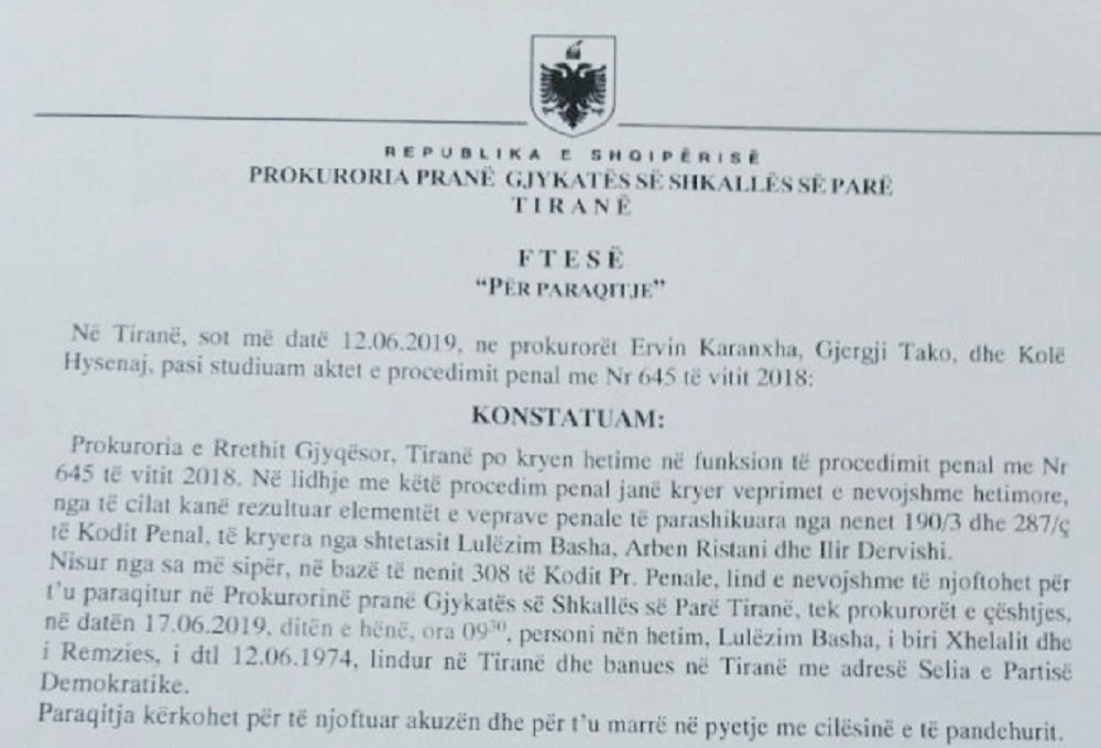 Kontrata e lobimit në SHBA, Prokuroria merr të pandehur Lulzim Bashën fletthirrja prouroria 1