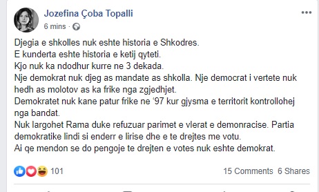 Jozefina Topalli shpërthen ndaj Bashës: Një demokrat nuk hedh molotov, as nuk ka frikë nga zgjedhjet 1 jozefina
