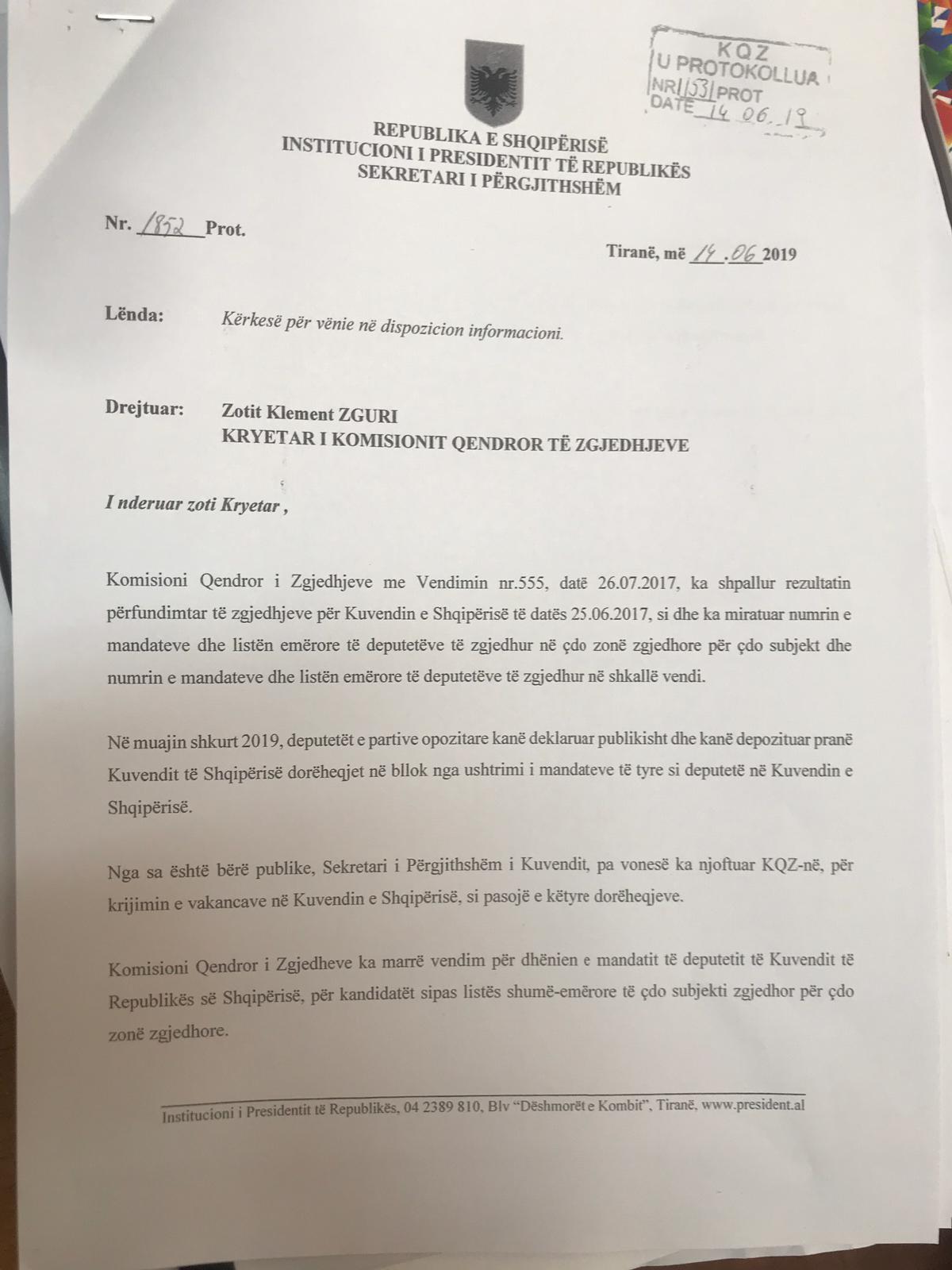 Lëvizja e radhës/ Meta i kërkon KQZ-së listën e plotë të deputetëve të Kuvendit 1 kerkesa meta 1