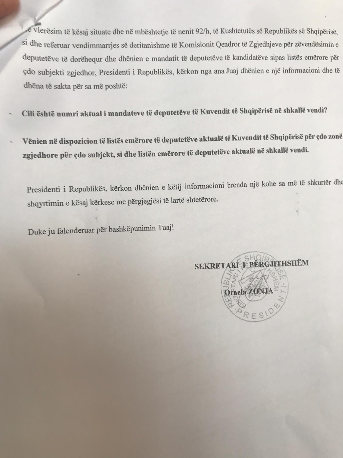 Lëvizja e radhës/ Meta i kërkon KQZ-së listën e plotë të deputetëve të Kuvendit 2 kerkesa meta 2 1