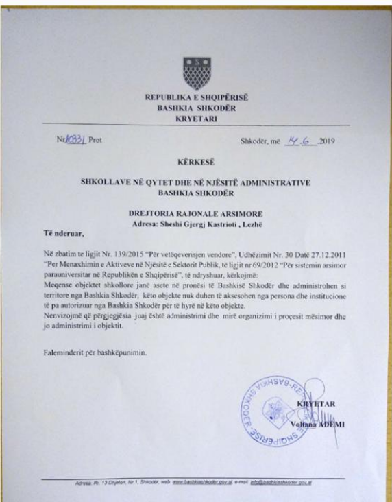 Kryebashkiakia e Shkodrës kërkesë shkollave: Mos lejoni persona të paautorizuar. Përgjegjësia juaj…. 1 letra ademi
