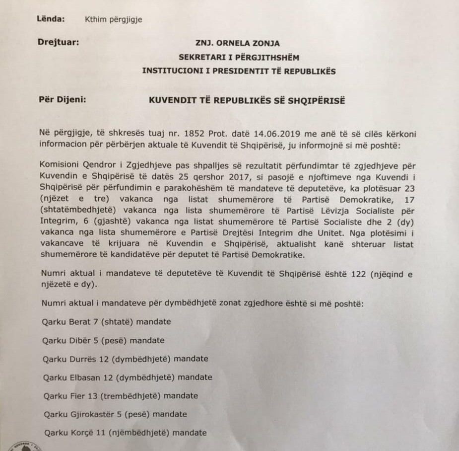 KQZ i përgjigjet Metës: Ky është numri i deputetëve në Kuvend 1 letra