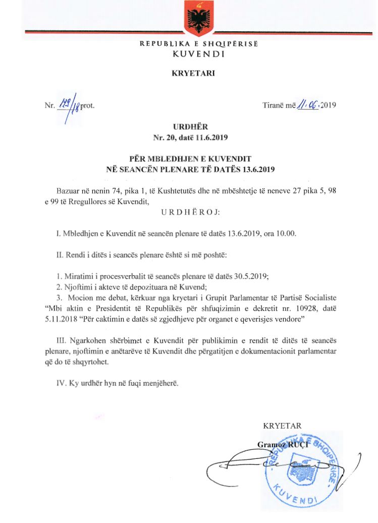 DOKUMENTI/ Shkarkimi i Presidentit Meta, Gramoz Ruçi firmos urdhërin 1 shkarkimi i metes