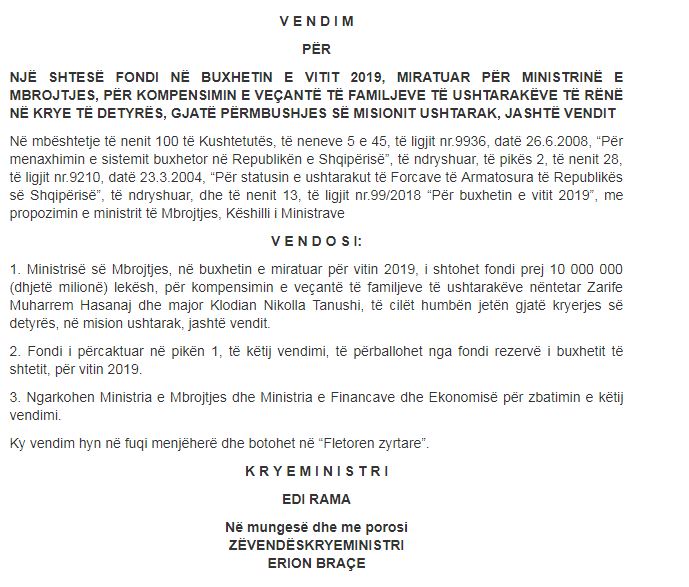 Qeveria fond 10 mln lekë për familjet e dy ushtarakëve që u vranë në Letoni 1 ushtraket 1