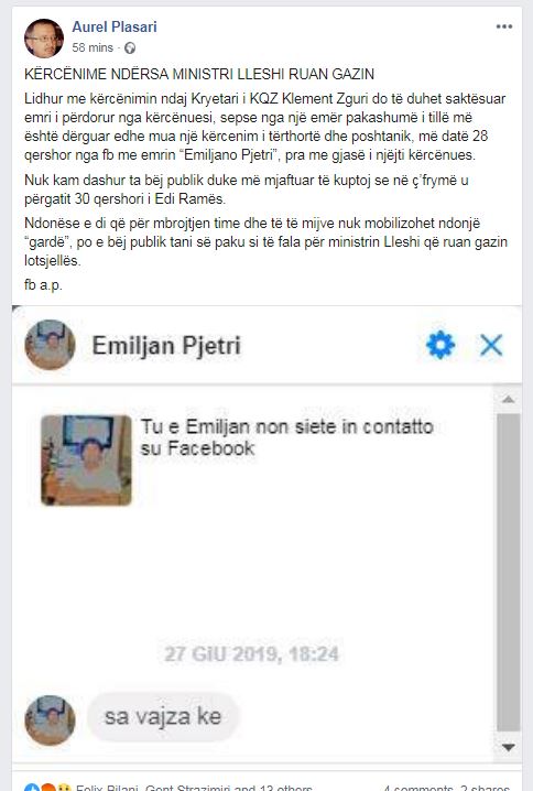 Pas kërcënimit të Zgurit, Aurel Plasari publikon emrin dhe mesazhin e kërcënuesit: Mund të jetë i njëjti. Lleshaj ruan... 3 Aureli 2
