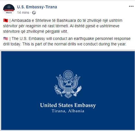 Ambasada e SHBA: Do të zhvillohen ushtrime stërvitore me rastin e tërmetit 1 5d8b65f405f02ams