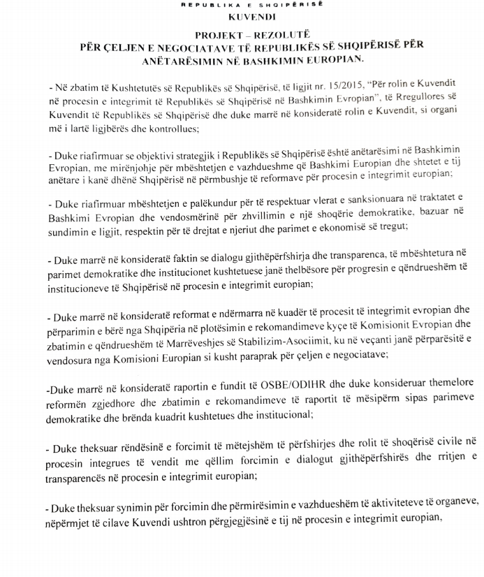 P.rezoluta e Kuvendit për negociatat/ Bushati kërkon hapa konkretë dhe një plan pune të qeverisë 4 rezoluta 1