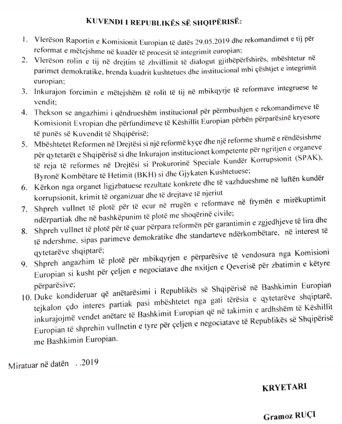 P.rezoluta e Kuvendit për negociatat/ Bushati kërkon hapa konkretë dhe një plan pune të qeverisë 5 rezoluta 2