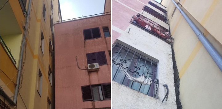 Denoncimi, dy pallatet mbështeten tek njëri-tjetri, qytetari:Tarraca është futur në njërin nga apartamentet Termeti