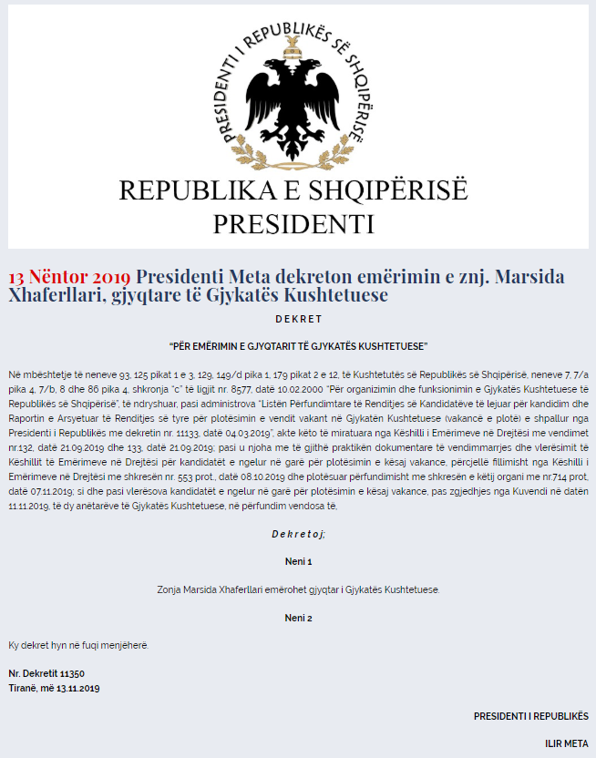 Meta dekreton Marsida Xhaferllarin, gjyqtare të Gjykatës Kushtetuese 1 Untitled 1