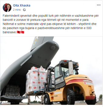 Xhaçka falënderon qeverinë turke: Pas ekipit të kërkim-shpëtimit, sjell edhe ndihma për banorët e prekur nga tërmeti 1 Ndihma