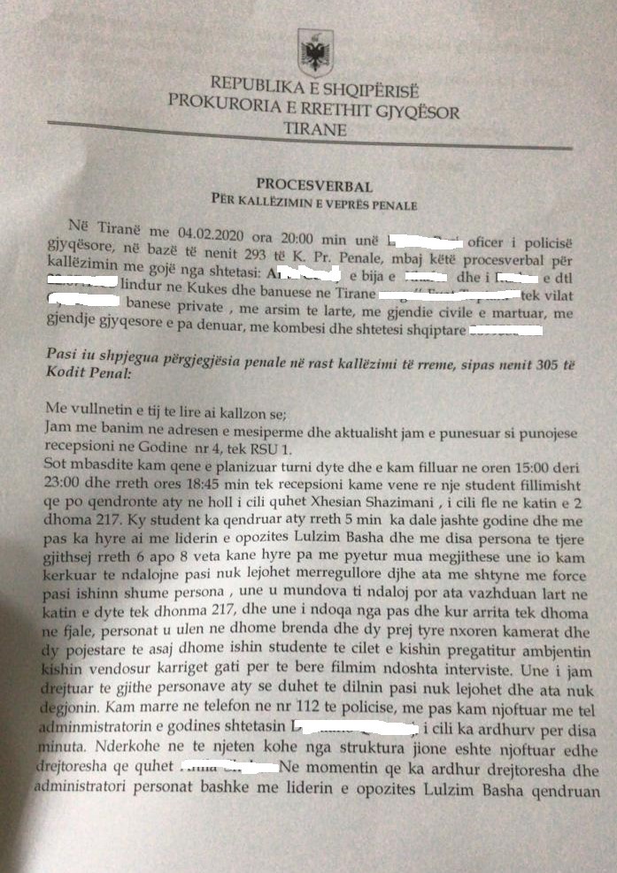 U dhunua nga Lulzim Basha dhe shoqëruesit e tij, zbardhet kallëzimi në prokurori e punonjëses së Qytetit Studenti 1 Dokumenti