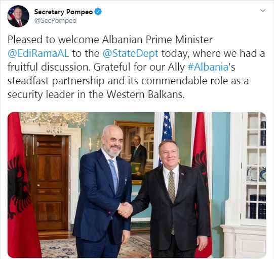 Mike Pompeo pas takimit me Ramën: Shqipëria aleati ynë dhe udhëheqës i sigurisë në Ballkanin Perëndimor 1 Pompei postimi