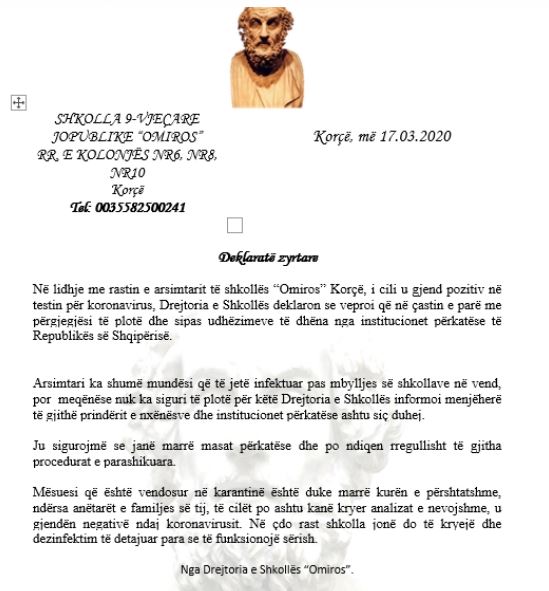 Konfirmohet me koronavirus mësuesi në Korçë, Shkolla: Njoftuam prindërit sapo morëm vesh lajmin 1 5e71056f499f1shkollaaa