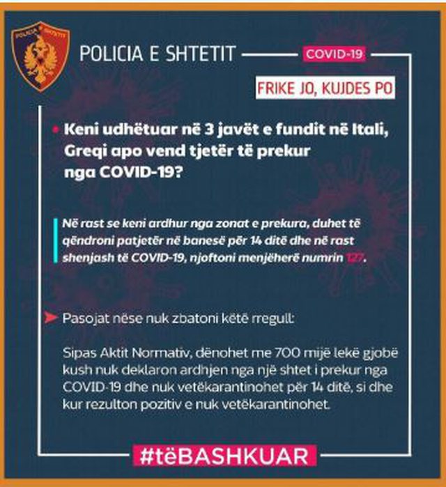 Policia e Shtetit publikon penalizimet: Nëse keni ardhur nga këto shtete dhe dilni në rrugë gjobë 5 mijë euro (Lista e plotë) 4 640 0 5e6fa8f3ebd37