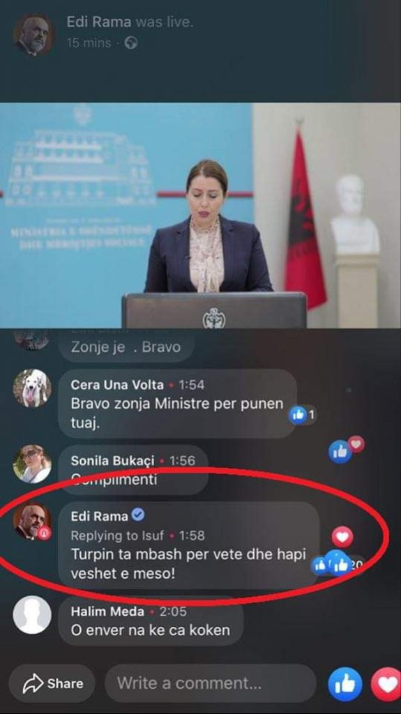 “Turpin mbaje vetë. Hapi veshët e mëso!”, Rama ndjek ministren Manastirliun ‘live’ dhe i kthehet qytetarit për komentin e publikuar 1 640 0 5e72585faa0db