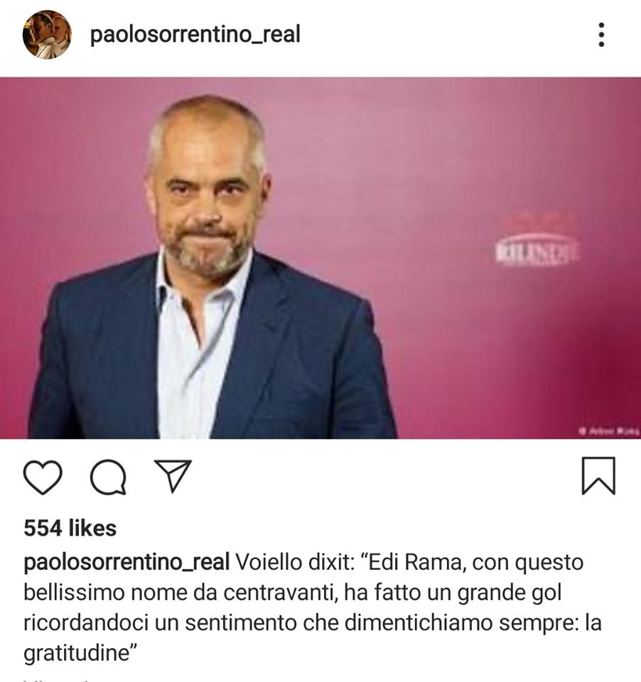 Regjisori dhe shkrimtari italian Sorrentino: “Edi Rama, me këtë emër të bukur prej mesfushori, bëri një gol të shkëlqyer 1 rama31