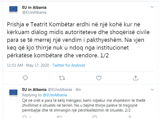 “Kemi ndjekur me shqetësim zhvillimet”, ambasada e BE del me mesazhin e fortë pas shembjes së Teatrit 1 640 0 5ec10cd6a433e