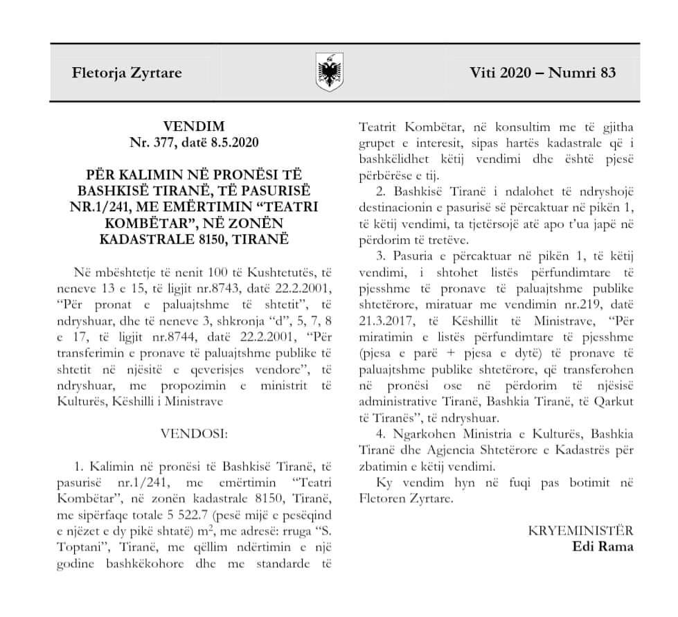 Vendimi/ Qeveria i kalon pronësinë e “Teatrit Kombëtar” Bashkisë së Tiranës 1 931c9938 536d 4c33 bfe9 bb6bb4619da2 1