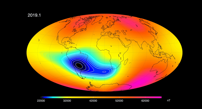 Tronditëse/ Fusha magnetike e Tokës po dobësohet, ja pasojat Development of the South Atlantic Anomaly pillars 696x376 1