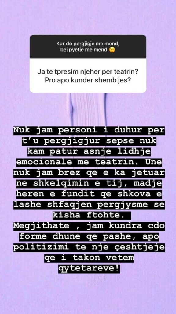“Herën e fundit që shkova në Teatër e lashë shfaqjen përgjysmë…kisha ftohtë! Dojna Mema ndan me ndjekësit mendimin e saj 1 Dojna Mema 2