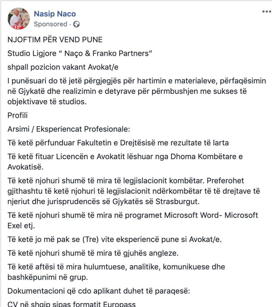 Pas largimit nga politika, Nasip Naço hap studio ligjore: Shpall edhe vende pune 1 NASIP