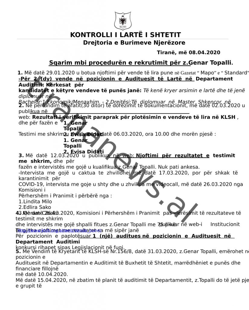 Djali i Jozefina Topallit merr postin e rëndësishëm në KLSH, fiton konkursin online në kushte izolimi 1 informacion per g topalli 5508 pdf