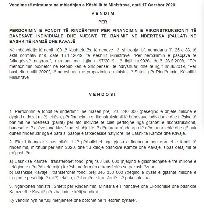 Ndërtesat e dëmtuara nga tërmeti i 26 nëntorit, qeveria miraton fondit prej 500 mln lekësh për dy bashki 1 131