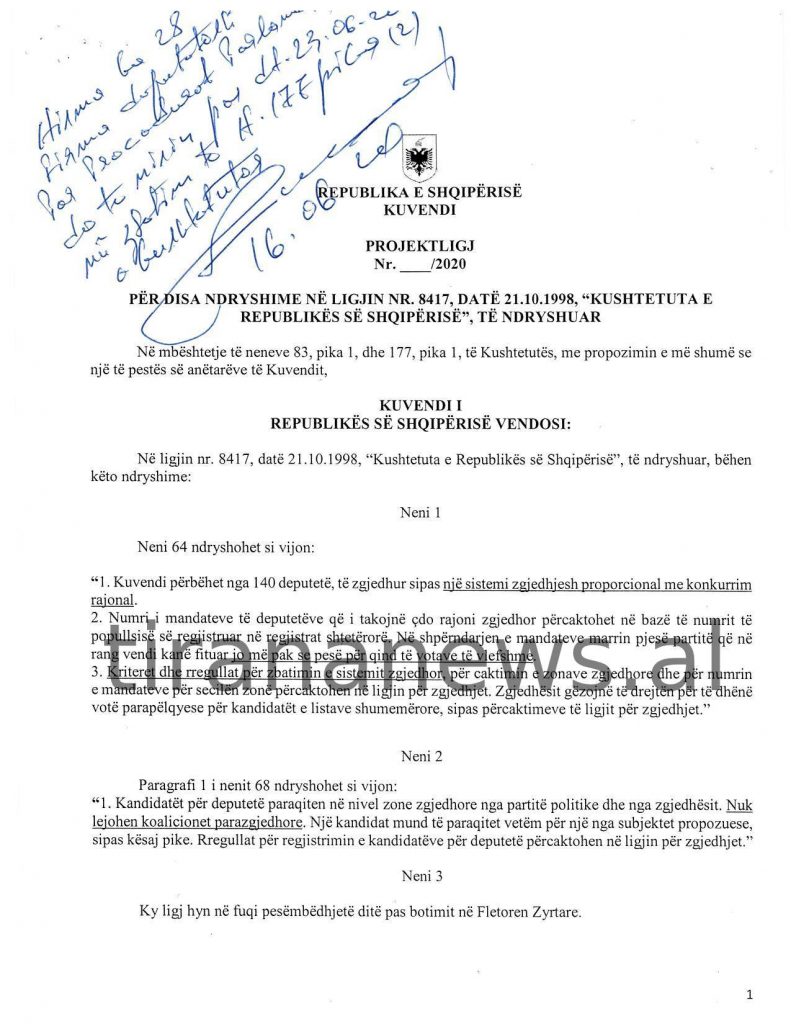 FAKSIMILE / Kërkesa për ndryshimin e Kushtetutës zyrtarisht në punimet e Kuvendit. Zbulohet si ndryshuan firmat 1 20200622122459ndryshimet kushtetuese 2020 page 002 1