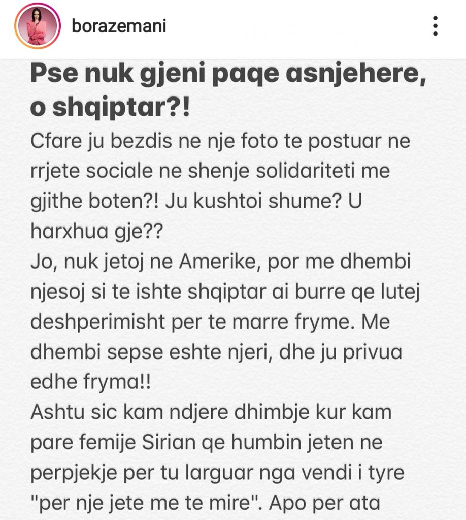 Bora Zemani kundër kritikave të ndjekësve për postimet me sfondin e zi : Po mbështesim njerëz, pa dallim 1 Bora Zemani