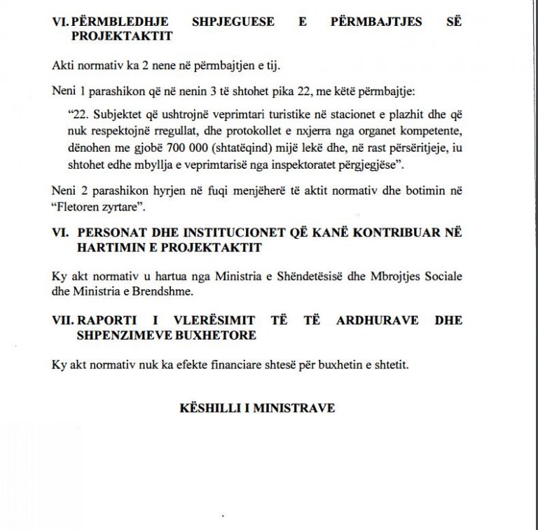 Bëni kujdes në plazhet shqiptare! Zbardhet Akti Normativ: 700 mijë lekë gjobë nese shkelni protokollin e sigurisë gjoba per bizneset turistike 768x757 1