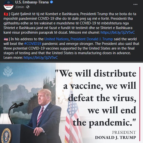“Vaksinat, në fazën e fundit të testimit”/ Ambasada e SHBA ndan mesazhin e Trump: Bota do ta mposhtë Covid-19! 1 5444415145