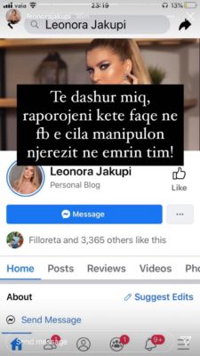 Leonora Jakupi tregon se çfarë i ndodhi me faqen në ‘Facebook’ dhe i kërkon të gjithëve ta raportojnë 1 1 1