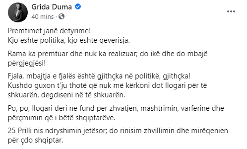 Grida Duma poston videon me premtimet e pambajtura nga Rama: Ai do ikë dhe do mbajë përgjegjësi 1 1 14