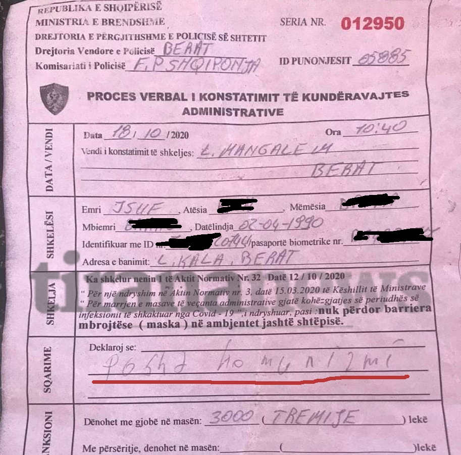 Fotolajm/ Policia i vendos gjobë për mosvendosje të maskës, qytetari nga Berati bën komentin epik në fletën e gjobës 1 tn.al 1