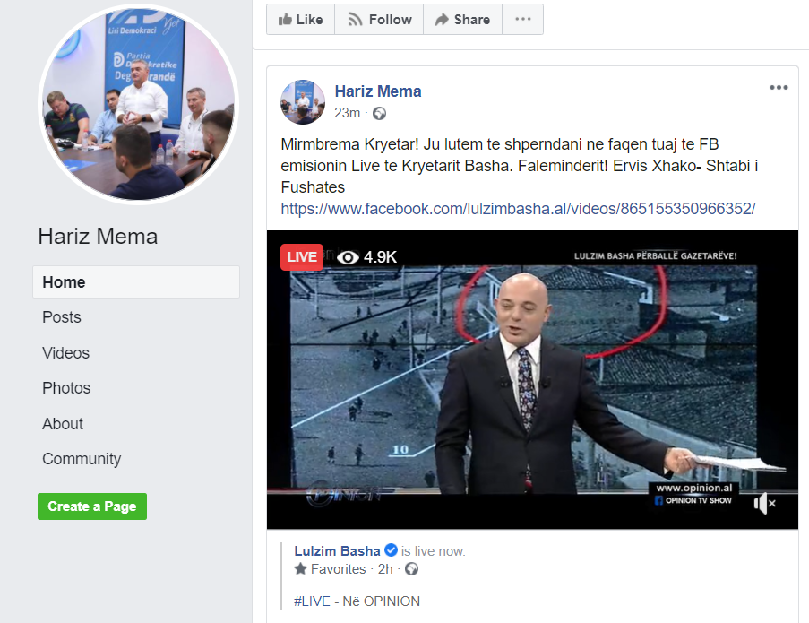 Gafa e kryetarit të PD Sarandë në Facebook, poston urdhrin e stafit të Bashës: Mirëmbrëma, shpërnda emisionin e Bashës në faqen tënde FFFFFFF
