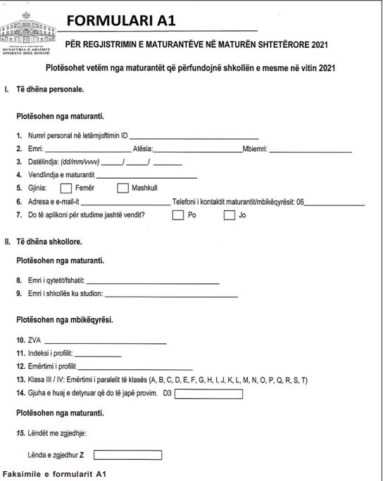 Publikohet udhëzuesi për Maturën 2021, formulari dhe kalendari me datat e aplikimit (FOTO) 2 fromulari copy