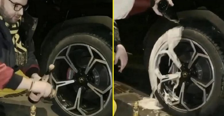 Arroganca e djalit të biznesmenit, lan gomat e Lamborghinit me shampanjë goma