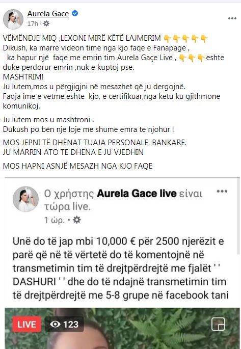 Mashtrime me emrin e saj në rrjetet sociale/ Aurela Gaçe paralajmëron fansat: Mos jepni të dhënat tuaja 1 1 30