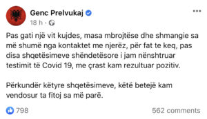"U mbrojta për gati një vit", Genc Prelvukaj infektohet me ‘Covid-19’: Këtë betejë do ta fitoj sa më parë 1 1 8