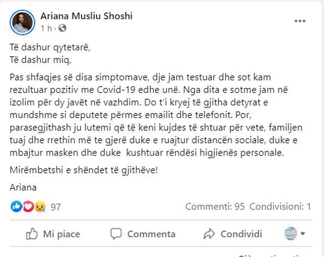 Infektohet me Covid-19 deputetja shqiptare, ka një thirrje të fortë për të gjithë qytetarët: Ju lutem... 1 640 0 5fe5e0b69426a