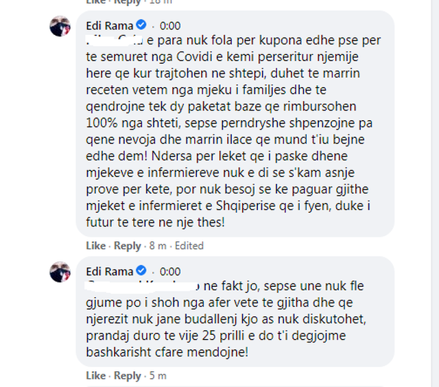 Skandali tek COVID2, komentuesit ‘shpërthejnë’ ndaj Ramës, kryeministri u kthehet: Mos i fusni në një thes të gjithë, s’kam prova. Unë nuk fle, por... 1 640 0 5fff1eb88f829