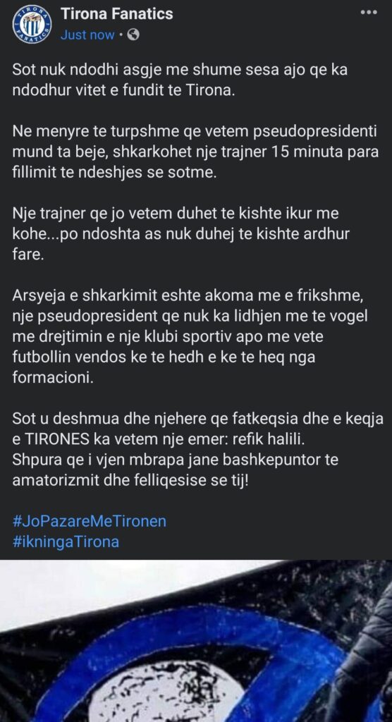 Largimi para ndeshjes i Dedes, reagojnë Fanatics: “Fatkeqësia dhe e keqja e Tironës ka vetëm një emër” 1 IMG 20210125 163254