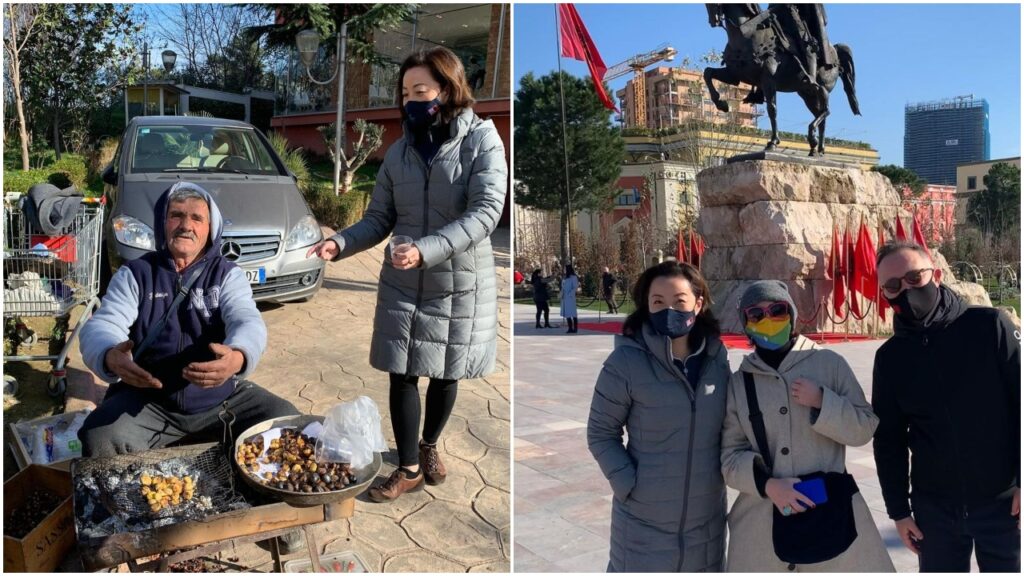Yuri Kim dhe ambasadorja suedeze pozojnë para statujës së Skënderbeut, blejnë gështenja te Liqeni WhatsApp Image 2021 01 17 at 18.04.50