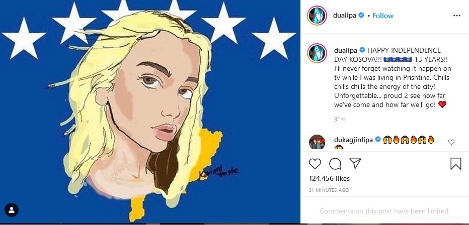 "Kur e shihja të ndodhte nga tv-të", Dua Lipa uron Pavarësinë e Kosovës dhe kujton... 1 dua kosova